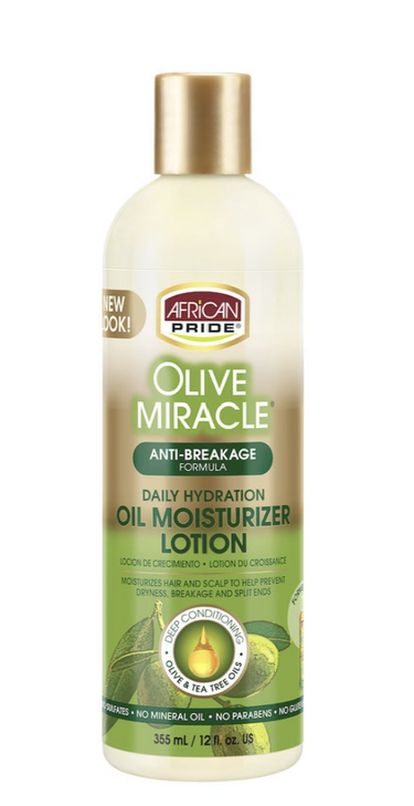 African Pride Olive Miracle oil moisturizer lotion bottle on a white background